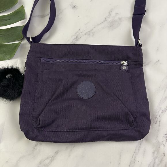Kipling Lightweight Cross Body Purse Bag Dark Purple Square Pom Pom Charm - Picture 3 of 9